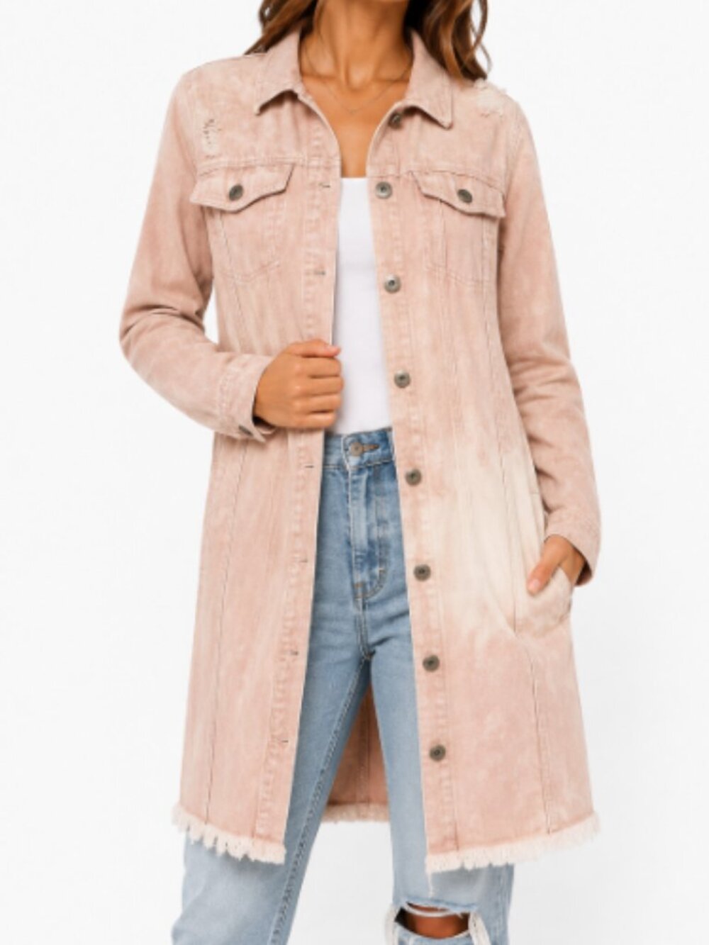 Indigo Thread Long Button-Front Dress Jacket Pink Tie Dye Denim Coat Sz Medium